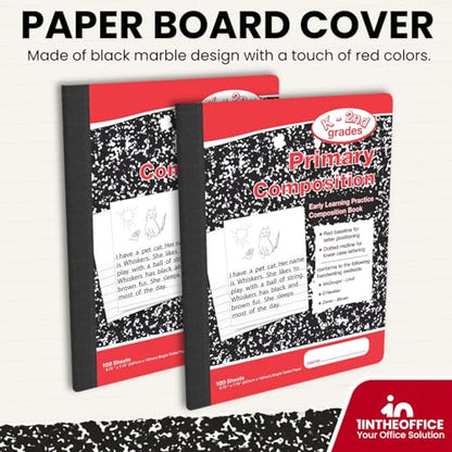 1InTheOffice Primary Composition Notebook K-2, Primary Journal, Kindergarten Notebook, 7.5" x 9.75", 100/Sheets, Red/Black Marble, 2 Pack