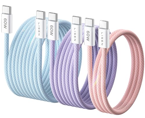 LISEN USB C Cable, 3-Pack [3.3/6.6/10FT] USBC to USBC Cable for iPhone 16e 15 Pro Max Charger Cord, 60W (3.1A) C to C Cable Fast Charging for Samsung S25/S24/23, Switch 2, iPad, MacBook - color: Multicolored, size: 3.3+6.6+10FT