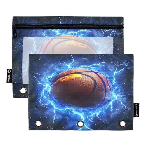 2 Pack Pencil Pouch for 3 Ring Binder Blue Lightning Basketball Pencil Case Pouch with Clear Window Zipper Binder Pencil Pouches Pen Bag for Office School Supplies - color: Blue Lightning Basketball