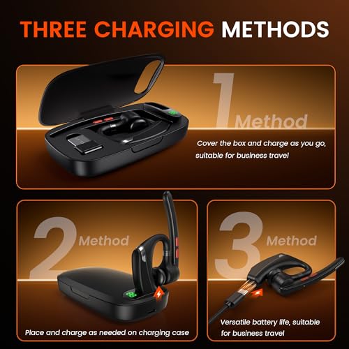 Bluetooth Headset V5.3, Wireless Headset with Dual Noise-Canceling Mics, Portable Charging Case, 300H Standby Time, Hands Free Headphones for PC/Cell Phones, Trucker/Office/Work - color: Black