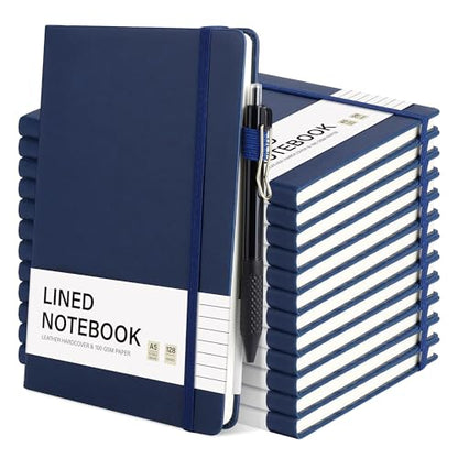 Aodaer 12 Set Lined Notebook Journals with Pens A5 Notebooks 100 GSM College Ruled Hardcover Notebook PU Leather Notepad with Pen Holder for Office School, 5.7 x 8.3 Inches, Navy Blue - color: Navy Blue