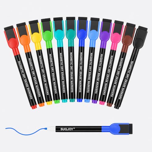 SUQJOY Magnetic Dry Erase Markers, Fine Tip Whiteboard Markers with Eraser Caps, Low Odor, 12 Assorted Colors, for Fridge Calendar, 12 Count
