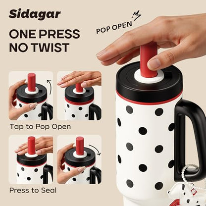 36oz Insulated Tumbler with Handle, Stainless Steel Water Bottle, Leak-Resistant Travel Coffee Mug with Push Button Lid, Cup Holder Friendly for Tea & Daily Use, White - color: Retro Polka Red