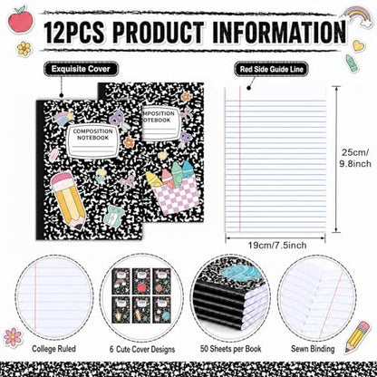 12 Pack Large Composition Notebooks Bulk 9.8 × 7.5 in Wide Ruled Hard Cover Composition Book Assorted Marble Journal College Ruled Paper for College Office Back to School Supplies(Black and White) - size: 12 Pack, style: Composition