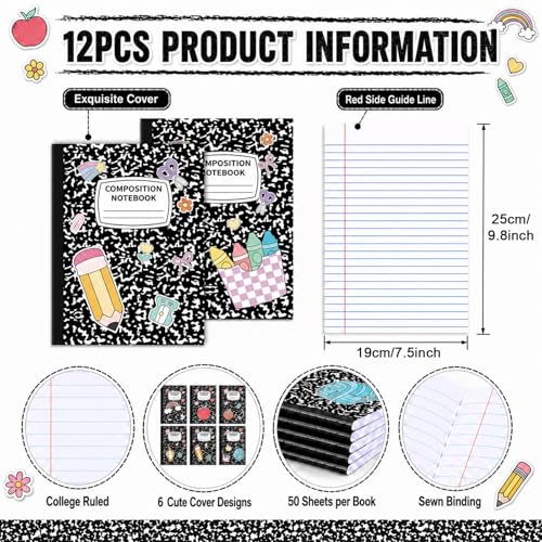 12 Pack Large Composition Notebooks Bulk 9.8 × 7.5 in Wide Ruled Hard Cover Composition Book Assorted Marble Journal College Ruled Paper for College Office Back to School Supplies(Black and White) - size: 12 Pack, style: Composition