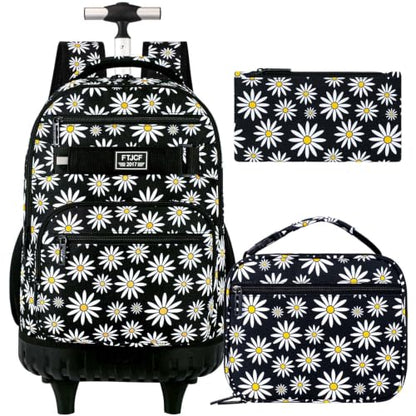 gxtvo Girls Rolling Backpack, Women Roller Bookbag with Lunch Box for Adults, Water Resistant Wheeled School Bag for College Teens Kids Travel - Black Flower - color: Chrysanthemum Black
