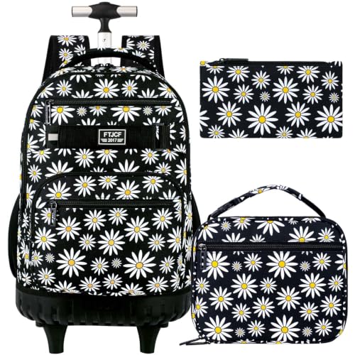gxtvo Girls Rolling Backpack, Women Roller Bookbag with Lunch Box for Adults, Water Resistant Wheeled School Bag for College Teens Kids Travel - Black Flower - color: Chrysanthemum Black