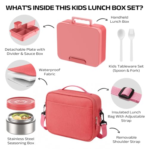 Kids Bento Lunch Box Set with 8.5oz Soup Cup, Leak-Proof Container & Insulated Bag for Kids Girls Toddlers, School Travel - Rose Pink