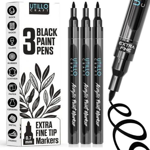 Utillo Craft Black Paint Pen (3-Pack) Extra Fine Black Paint Markers for Metal, Fabric, Wood, Glass, Paper, Plastic, Rock, Leather | Bold Color Permanent Acrylic Paint Pen 0.7mm | Artist DIY Gift - color: Black, style: Extra Fine 3PK