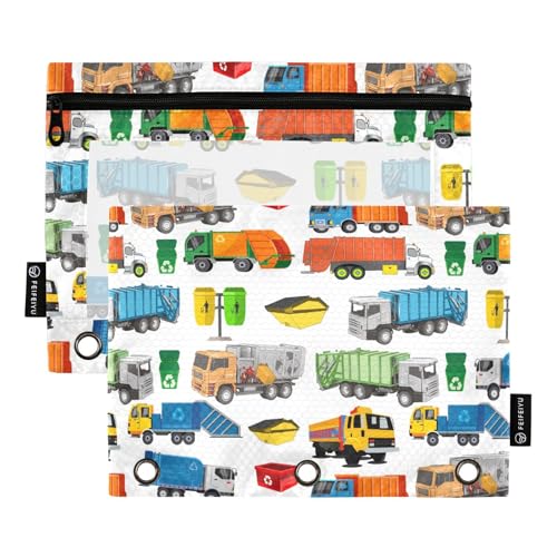 Garbage Trucks Pencil Pouch for 3 Ring Binder, Binder Pencil Pouches with Clear Window Zipper Pencil Case for Office College Supplies, 2PCS (B0317) - color: B0317