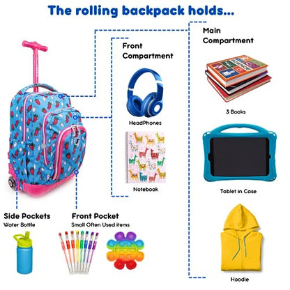 J World Lollipop Kids Rolling Backpack & Lunch Bag Set for Elementary School. Carry-On Suitcase with Wheels, Strawberry - color: Strawberry