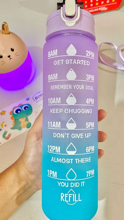 Motivational Drinking Water Bottle with Time Marker & Stickers – 900ml Gradient Purple & Blue Leakproof BPA-Free Water Tracker Bottle with Straw & Flip Lid – Reusable Sports Bottle