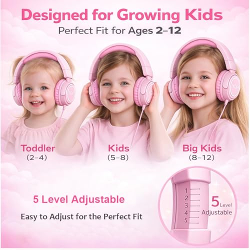 K6C Kids Headphones with USB-C, for Toddler & Kids Ages 2-12, 85dB Safe Volume Limited, Adjustable Headband & Foldable Wired, On-Ear Headphones for School, Travel, Tablet, iPad - color: Pink