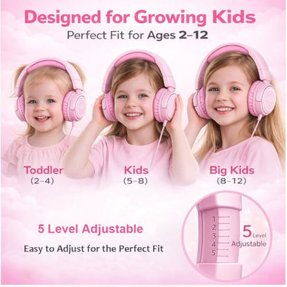 K6C Kids Headphones with USB-C, for Toddler & Kids Ages 2-12, 85dB Safe Volume Limited, Adjustable Headband & Foldable Wired, On-Ear Headphones for School, Travel, Tablet, iPad - color: Pink