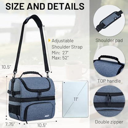 MIER Dual Compartment Lunch Bag Tote with Shoulder Strap for Men and Women Insulated Leakproof Cooler Bag, Bluesteel - color: Bluesteel