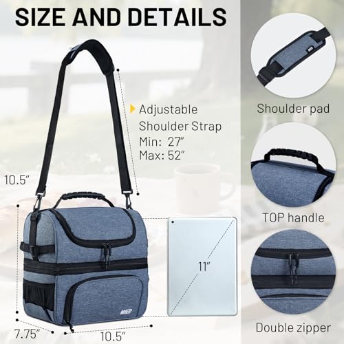 MIER Lunch Box for Men Dual Compartment Adult Lunch Bag for Work, Bluesteel | Leakproof & Insulated; Lunchbox Cooler Tote with Side Bottle Holder; Detachable Shoulder Strap with Pad; Multi-Pockets - color: Bluesteel