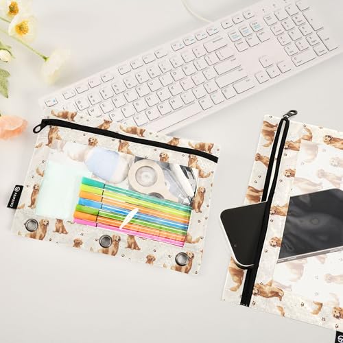 Golden Retriever Dog Binder Pouches 3 Ring for Boys Girls School Office College Supplies Cute Puppy Cats Kitty Pencil Pouches Case Bag with Clear Window and Zipper 2 Pack - color: Dogs