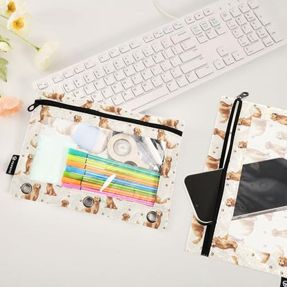 Golden Retriever Dog Binder Pouches 3 Ring for Boys Girls School Office College Supplies Cute Puppy Cats Kitty Pencil Pouches Case Bag with Clear Window and Zipper 2 Pack - color: Dogs