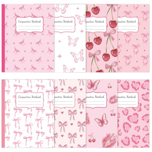 8 Pack Pink Bow Cherry Composition Notebooks Bulk Pink Notebook College Ruled Journal 100 Pages Cute Aesthetic Composition Books Back to School Gift for Student Teacher Office Supplies 9.7x7.5 Inch - color: Pink Cherry