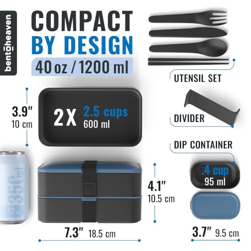 Bentoheaven Bento Box Adult, Stackable Lunch Box, 40 oz, Steel My Heart | BPA-free, leakproof and microwave-safe with 2 compartments, utensils, chopsticks, divider and sauce cup for men and women. - color: Steel My Heart