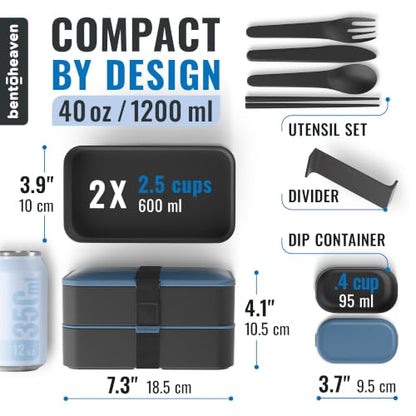 Bentoheaven Bento Box Adult, Stackable Lunch Box, 40 oz, Steel My Heart | BPA-free, leakproof and microwave-safe with 2 compartments, utensils, chopsticks, divider and sauce cup for men and women. - color: Steel My Heart