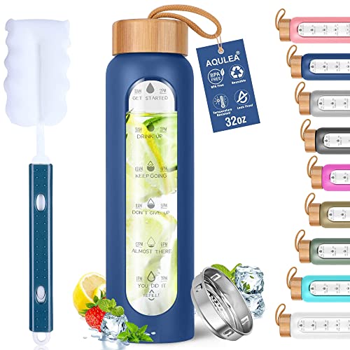 Aqulea Glass Water Bottles 32 Oz with Silicone Sleeve - BPA Free Reusable Wide Mouth Glass Motivational Water Bottles with Fruit Infuser – Leak Proof Borosilicate Water Bottle with Time Marker (Blue) - color: Navy Blue, size: 32 Ounces