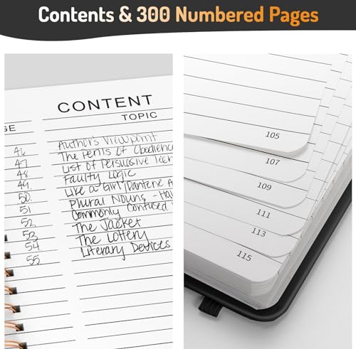 Forvencer Lined Spiral Journal Notebook with 300 Numbered Pages, A5 Thick Journals for Writing with 100GSM Paper, Hardcover Notebooks with Contents for Work, School, Women, Men, Black | College Ruled Thick Journals for Writing with 100GSM Paper, Hardcover