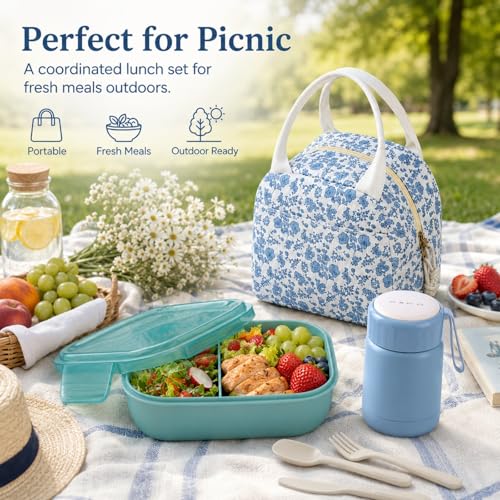 Bento Lunch Box Set for Women, with 12oz Soup Thermo, with Leak-Proof Food Containers, Insulated Lunch Bag for Girls for Travel Picnic - color: Blue Flowers