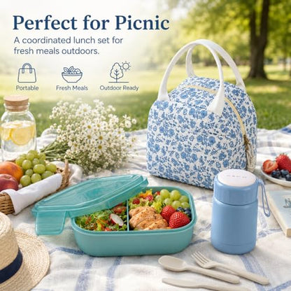 Bento Lunch Box Set for Women, with 12oz Soup Thermo, with Leak-Proof Food Containers, Insulated Lunch Bag for Girls for Travel Picnic - color: Blue Flowers