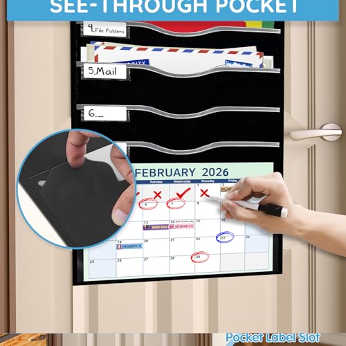 ALSLEA Hanging File Organizer 8 Pockets 15¾”W Legal/ Letter Size Paper Organizer, Pocket Chart for Classroom , Mail Organizer Wall Mounted, Over the Door Organizer with 12 Nameplate, 5 Hooks (Black) - size: 8 Pockets Black