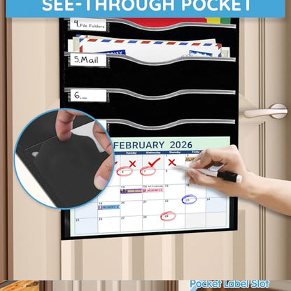 ALSLEA Hanging File Organizer 8 Pockets 15¾”W Legal/ Letter Size Paper Organizer, Pocket Chart for Classroom , Mail Organizer Wall Mounted, Over the Door Organizer with 12 Nameplate, 5 Hooks (Black) - size: 8 Pockets Black