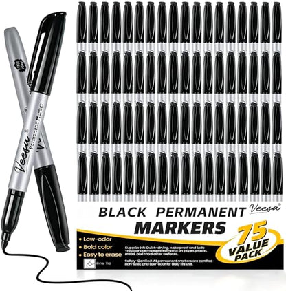 VEESA Black Permanent Markers Fine Tip, 75 Pack, German Ink | Quick Drying, Fade Resistant, Marks on Paper, Glass, Ceramic, Plastic, Wood, Rock, Metal - size: 1 Count (Pack of 75)