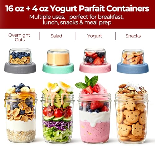 16+4 oz Yogurt Parfait Cups with Lids 4 Pack Overnight Oats Jars | Dry Wet Separation, Cereal Cups,Chia Pudding,Snacks,Nuts, Fruit,Granola Toppings,Meal Prep Jars - color: Mixed color 1
