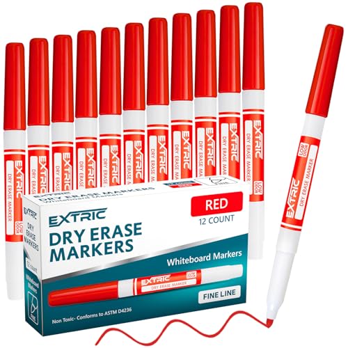 EXTRIC Red Dry Erase Markers Fine Tip 12 PK Whiteboard Markers | Use: School, Classrooms, Offices, Color: Vivid Red Ink, Tip Style: Fine Tip, Feature: Low-Odor and Non-Toxic - color: Red, size: 1 Count (Pack of 12)