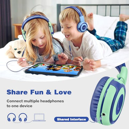 SIMOLIO Stereo Wired Headphones Teens Adults Kids Youths w/Mic & Volume Control & Volume Limited & Share Port & Portable Pouch, Safe Volume Durable Headset for Online School Gaming PC Laptop Travel