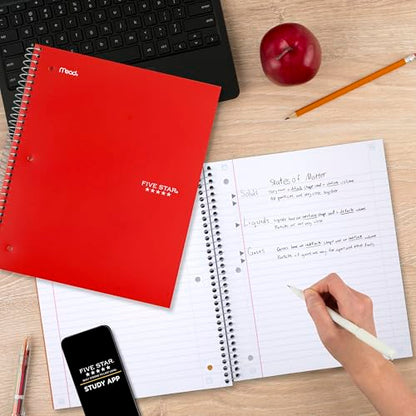 Five Star Spiral Notebook + Study App, 3 Subject, Wide Ruled Paper, 10-1/2" x 8", 150 Sheets, Red (72029) - color: Red, size: 8" x 10-1/2" (Pack of 1)