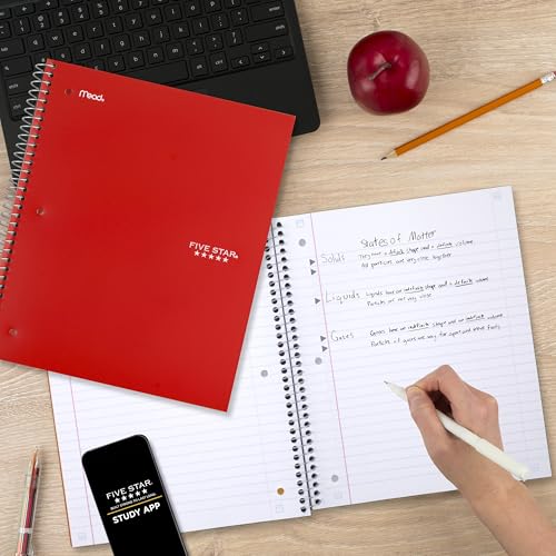 Five Star Spiral Notebook + Study App, 5 Subject, Wide Ruled Paper, 8" x 10-1/2", 200 Sheets, Fights Ink Bleed, Water Resistant Cover, Fire Red (72041) - color: Fire Red, size: 8" x 10.5" (Pack of 1)
