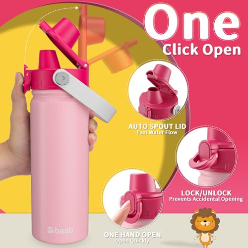 baab 18oz Kids Water Bottle, Insulated Kids Water Bottle with Lockable Spout Lid & Stickers, 18/8 Stainless Steel Vacuum Leakproof Kid Water Cup with Handle for Boy Girl & School (Rose Pink, 1 Pack) - color: Rose Pink, size: 18 Ounces