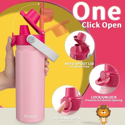 baab 18oz Kids Water Bottle, Insulated Kids Water Bottle with Lockable Spout Lid & Stickers, 18/8 Stainless Steel Vacuum Leakproof Kid Water Cup with Handle for Boy Girl & School (Rose Pink, 1 Pack) - color: Rose Pink, size: 18 Ounces