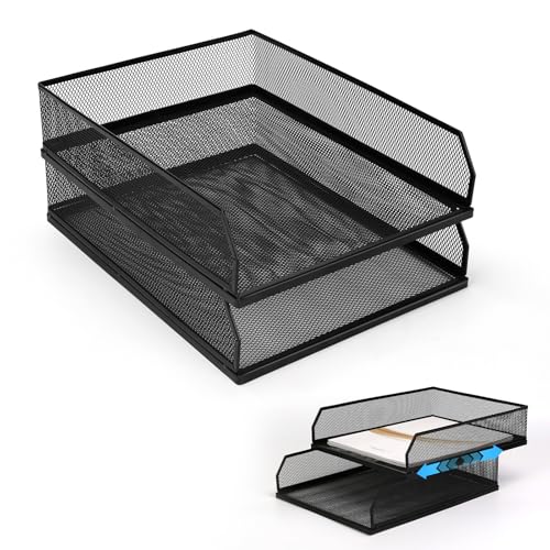 Paper Tray, 2-Tier Stackable Desk Organizer Letter Tray, Metal Paper File Holder, Wire Mesh Desktop Organizer, Front-Load Paper Sorter Document Storage Tray for Office Supplies Home School Classroom - size: Lengthways