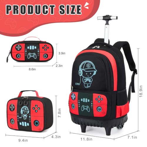 Bevalsa Rolling Backpack for Boys,Cool Luminous Gamer Roller School Backpacks with Lunch Box & Pencil Case,Kids Wheeled Schoolbag Bookbag with Wheels for Kindergarten Elementary School Travel - color: Red