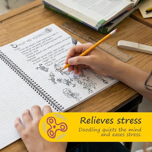 DoodleWrite Wide Ruled Spiral Notebooks, Student School Notebook with Doodle Prompts for Focus & Creativity, Perforated 3-Hole Punched Pages, 8" x 10.5" 50 Sheets, Bulk 24 Pack - size: Wide Rule (Pack of 24), style: 24 Pack
