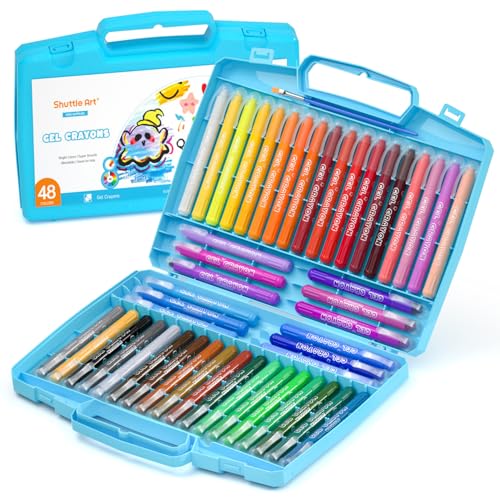 Shuttle Art 48 Colors Gel Crayons for Toddlers, Non-Toxic Crayons Set with 1 Brush and Foldable Case for Kids Children Coloring, Crayon-Pastel-Watercolor Effect, Ideal for Window Paper Glass