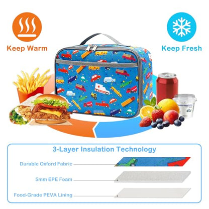 FlowFly Kids Lunch box Insulated Soft Bag Mini Cooler Back to School Thermal Meal Tote Kit for Girls, Boys, Car - color: ColorFulCar
