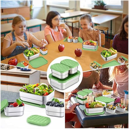 Homikit 3 Pack Kids Lunch Box Set, 18/10 Stainless Steel Bento Boxes with Silicone Lids Leak Proof, 5 Cups Reusable Metal Food Snack Containers for School Daycare, Nontoxic & Dishwasher Safe, Green - color: Green, size: Medium