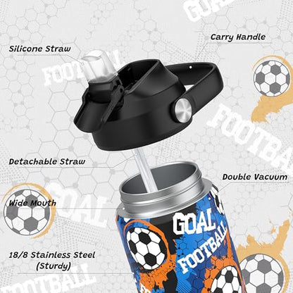 Boys Soccer Water Bottle for School，Kids 18 oz Insulated Stainless Steel Cup with Straw, Double-Wall Vacuum Leakproof - color: C9.Soccer