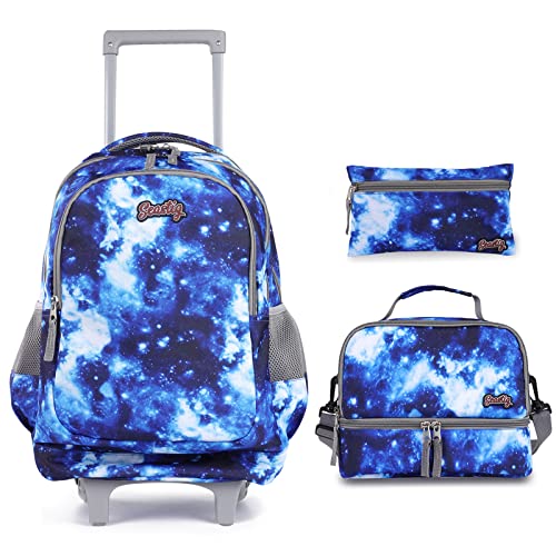 seastig Rolling Backpack 18in Double Handle Backpack Kids Wheeled Backpack Roller Backpack with Lunch Bag Set Girls Boys - color: Blue Starry Sky