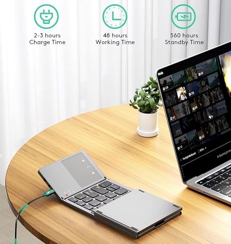 Slim Foldable Wireless Keyboard Compatible with OnePlus Open with TOUCHPAD Mouse Fully Universal Providing 48H Use, 560 Days Standby, Portable, Compact, Tri-Fold, Rechargeable!