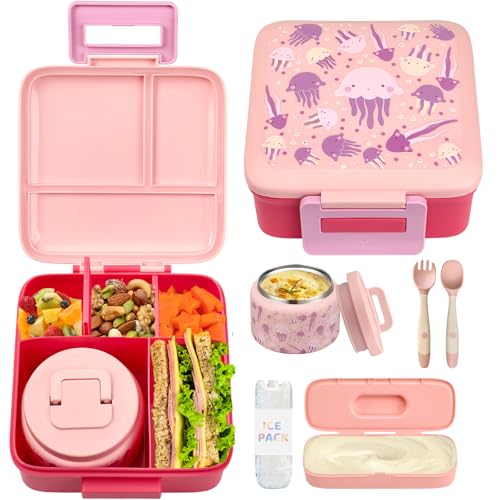JXXM Bento Lunch Box for Kids with 8oz Soup Thermo,Leak-Proof Lunch Containers with 5 Compartment,Thermo Food Jar Food Containers for School (Pink-Jellyfish) - color: Pink Jellyfish