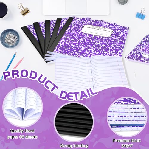 Seajan 20 Pack Composition Notebooks, Wide Ruled Paper, 7-1/2" x 9-3/4" Marble Hard Covers, 60 Sheets, Composition Notebooks Bulk for Students Back to School Adults Office Supplies(Purple) - color: Purple